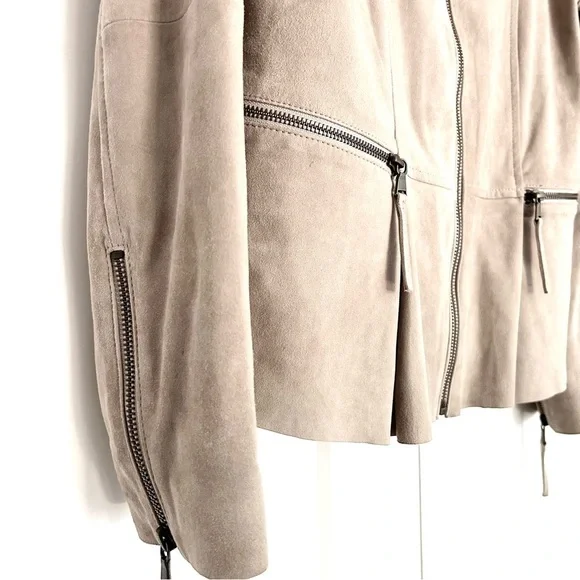Beige Suede Moto Jacket Minimalist Biker Peplum Spring Weight Cream Size Medium - Picture 7 of 16